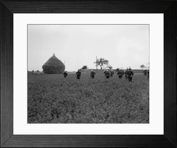 Framed Print : French cavalrymen dismounted seen here running across a corn field in Flanders
