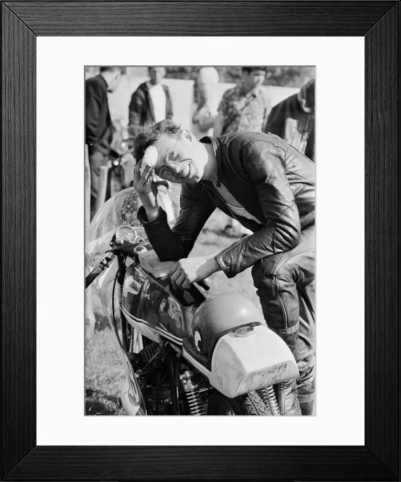 Framed Print : Isle of Man TT Races -250cc Event. An exhausted John Cooper after pushing his bike