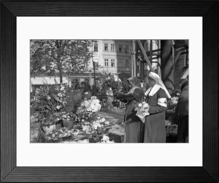 Framed Print : Russian Red Cross nurses seen here in the market place in Lemberg buying flowers for Framed Print : Russian Red Cross nurses seen here in the market place in Lemberg buying flowers for