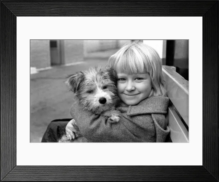 Framed Print : Cute children and Animals: Young girl holding her puppy dog. January 1980 80-00007