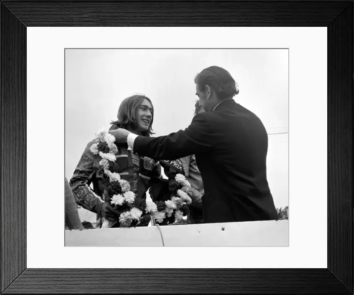 Framed Print : John Player British Grand Paix, Silverstone. Ron Haslam being presented with Framed Print : John Player British Grand Paix, Silverstone. Ron Haslam being presented with