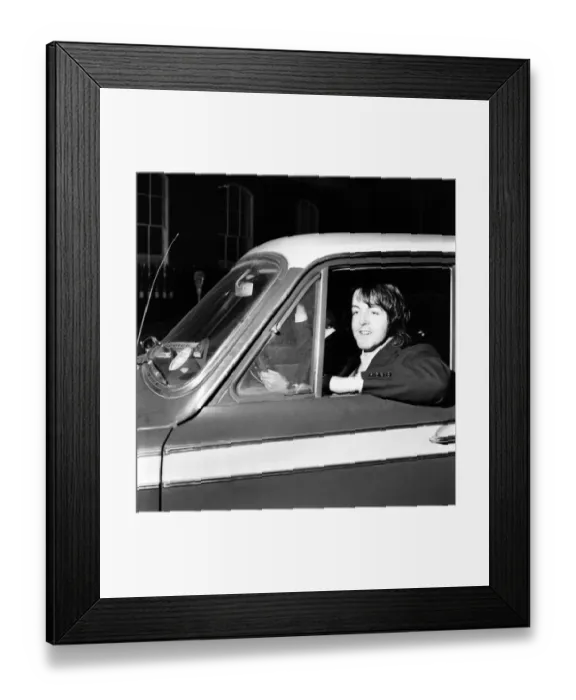 Framed Print : Paul McCartney of the Beatles leaves by car driven by Peter Asher from the Apple Framed Print : Paul McCartney of the Beatles leaves by car driven by Peter Asher from the Apple