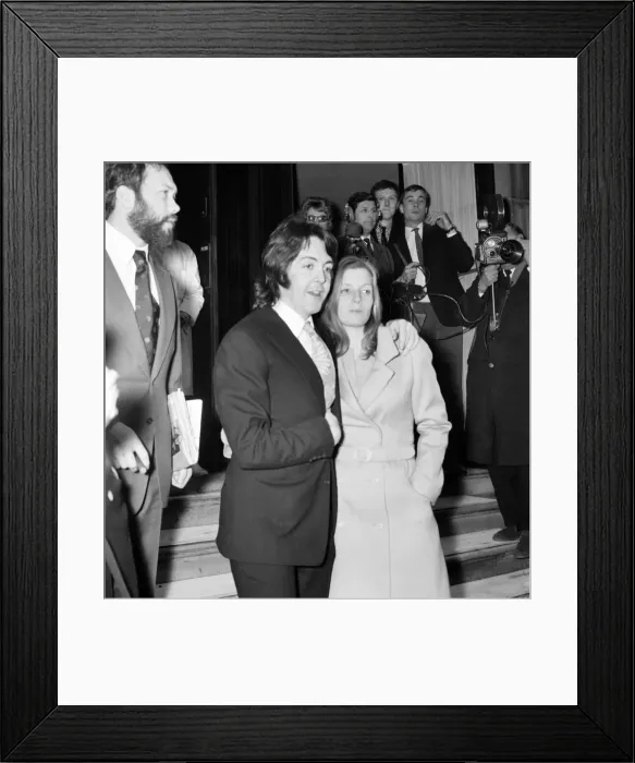 Framed Print : Beatles singer Paul McCartney with his bride Linda Eastman after their wedding ceremony Framed Print : Beatles singer Paul McCartney with his bride Linda Eastman after their wedding ceremony