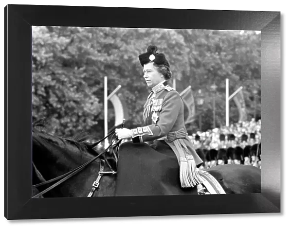 Her Majesty Queen Elizabeth II on horseback during the trooping celebration ceremony