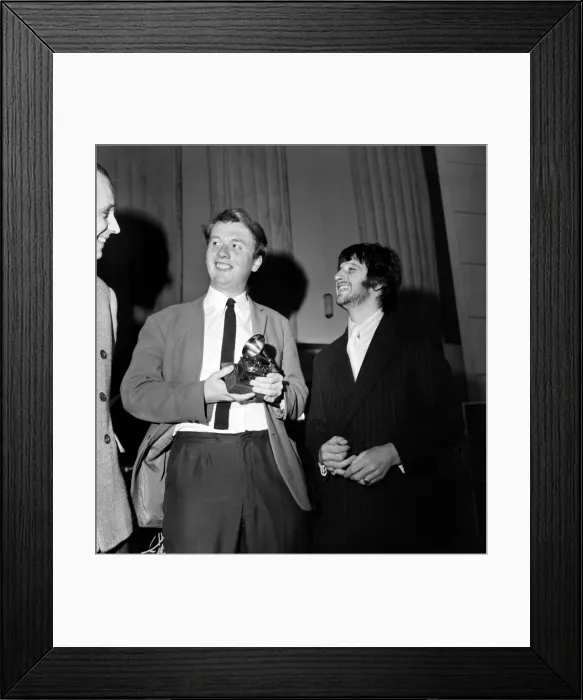 Framed Print : Geoffrey Emerick, an engineer at EMI gets an award from Ringo Starr March 1968 Framed Print : Geoffrey Emerick, an engineer at EMI gets an award from Ringo Starr March 1968