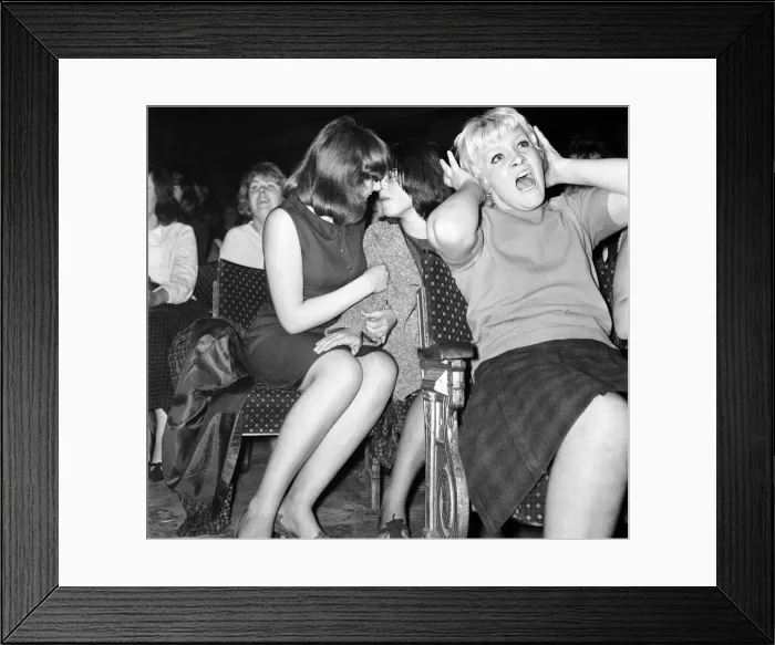 Framed Print : Screaming girl fans greet the Beatles on their appearance at the ABC Cinema in Wigan