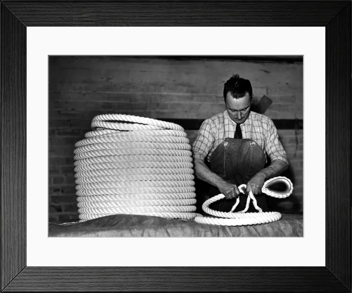Framed Print : 4 inch Nylon towing ropes being finished by hand. 29th April 1948