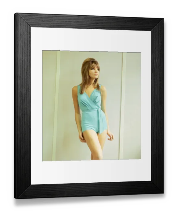 Framed Print : Sixties Fashion 1960s clothing Woman in turquoise blue swimwear