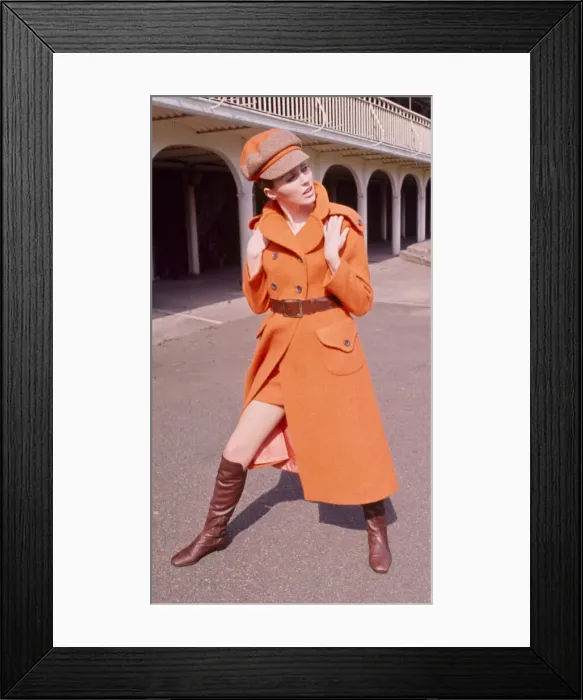Framed Print : Orange maxi coat in hand woven tweed with matching hat designed by Jimmy Hourihan