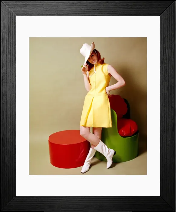 Framed Print : Model wearing a yellow linen look tent style dress with zip front