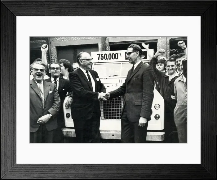 Framed Print : Sir George Farmer congratulating production manager Mr James Lawrence as the 750 Framed Print : Sir George Farmer congratulating production manager Mr James Lawrence as the 750