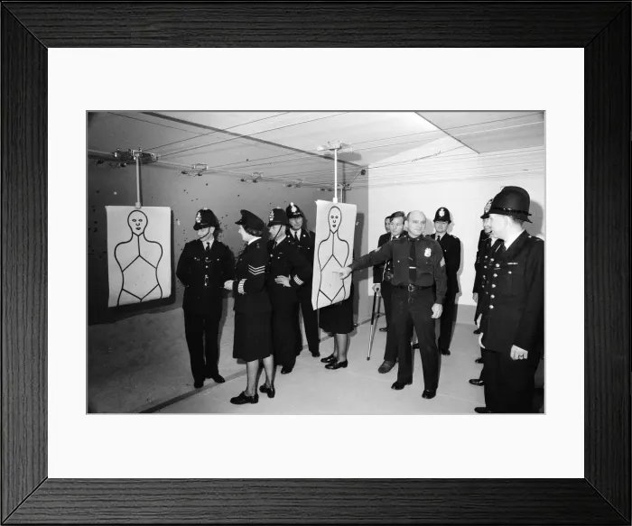 Framed Print : English police officers tour a firing range at a New York Police Department in America Framed Print : English police officers tour a firing range at a New York Police Department in America
