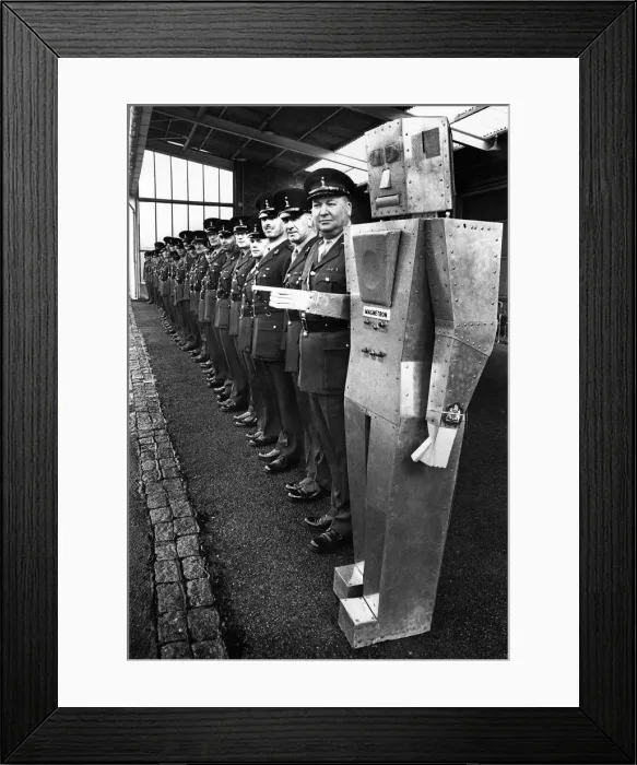 Framed Print : Sargeant Majors lining up with robot on the end. March 1968 P005713 Framed Print : Sargeant Majors lining up with robot on the end. March 1968 P005713