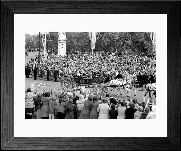 Framed Print : Crowd waving to the carriage of Queen Elizabeth II and Prince Philip Framed Print : Crowd waving to the carriage of Queen Elizabeth II and Prince Philip