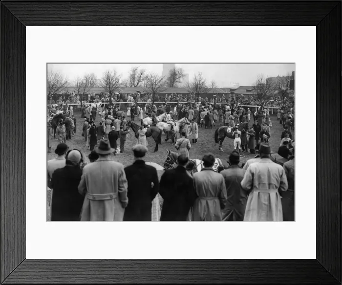 Framed Print : A general view of the paddock before the horses took the field at the Grand national race