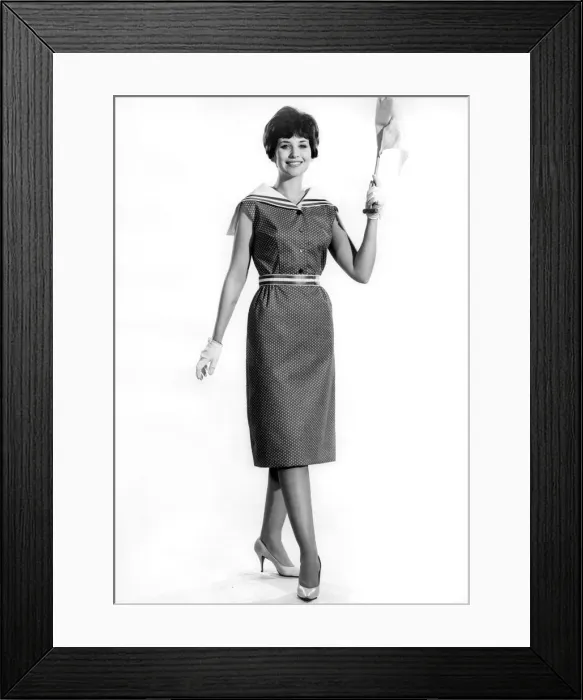 Framed Print : Model Ann Cave wearing a stylish sleveless three quarter length dress Framed Print : Model Ann Cave wearing a stylish sleveless three quarter length dress