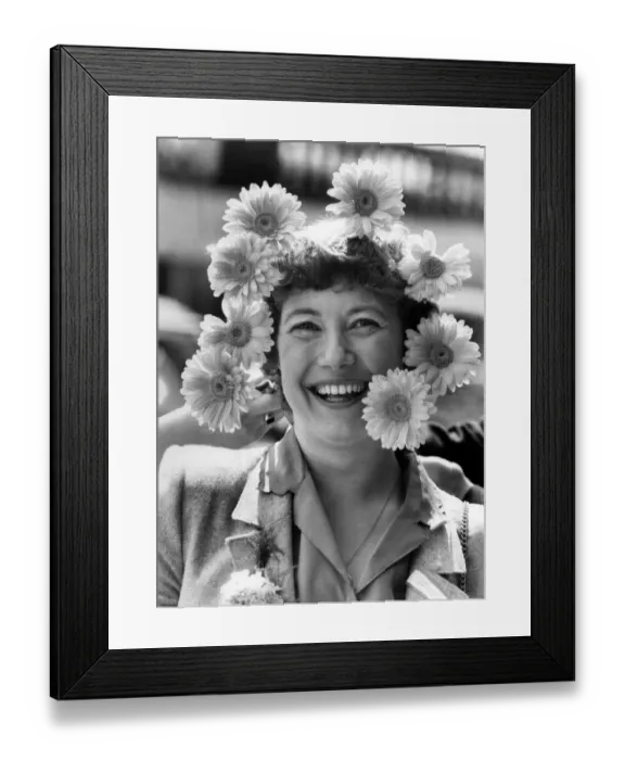 Framed Print : Woman wearing a headdress made of flowers. April 1980 P007842 Framed Print : Woman wearing a headdress made of flowers. April 1980 P007842