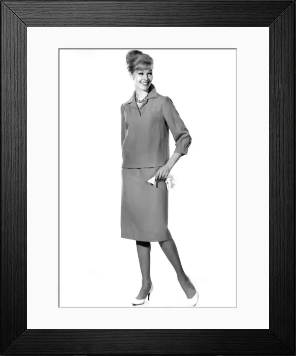 Framed Print : Model Jo Waring wearing matching top and skirt suit. January 1963 P007635 Framed Print : Model Jo Waring wearing matching top and skirt suit. January 1963 P007635