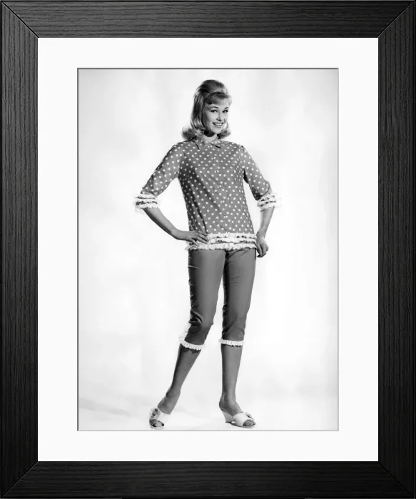Framed Print : Model Jo Waring wearing a polka dot patterned top and three quarter length leggins