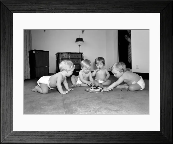 Framed Print : A group of young babies seen here getting into a mess with a chocolate cake at a babies Framed Print : A group of young babies seen here getting into a mess with a chocolate cake at a babies