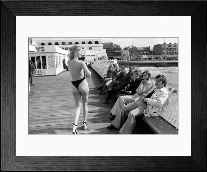 Framed Print : Glamour: Beach Fashion at Blackpool. March 1975 75-1705-011 Framed Print : Glamour: Beach Fashion at Blackpool. March 1975 75-1705-011