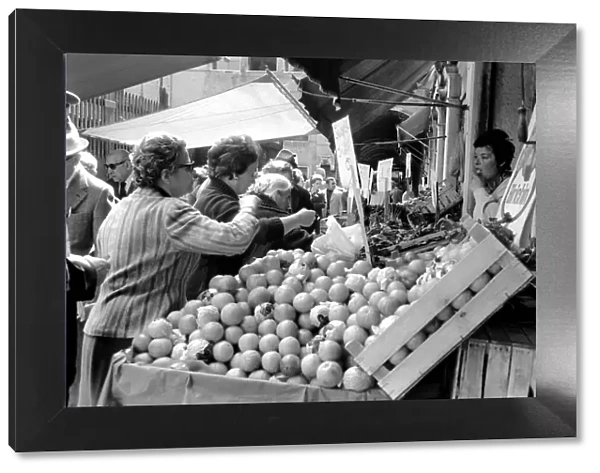 Venice, Italy, Venetians out food shopping at a local market. April 1975 75-2202