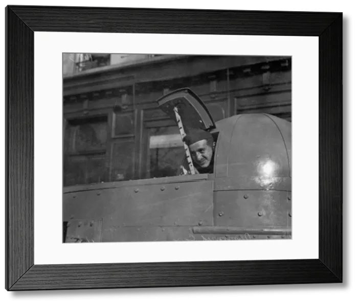 Framed Print : Baron de Serelas seen here inspecting the latest armoured car built for the Belgian army Framed Print : Baron de Serelas seen here inspecting the latest armoured car built for the Belgian army