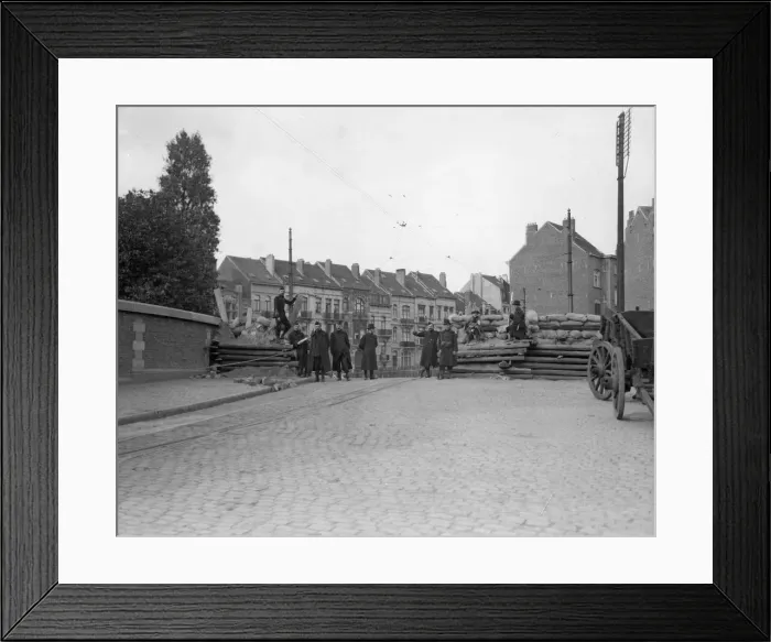 Framed Print : Belgian Civil Guards, regular army and boy scouts man a street barricade belived to be in Framed Print : Belgian Civil Guards, regular army and boy scouts man a street barricade belived to be in