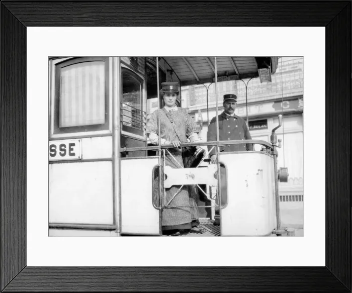Framed Print : Wives of tramway men acting as conductors while the men are away fighting in Le Harve Framed Print : Wives of tramway men acting as conductors while the men are away fighting in Le Harve