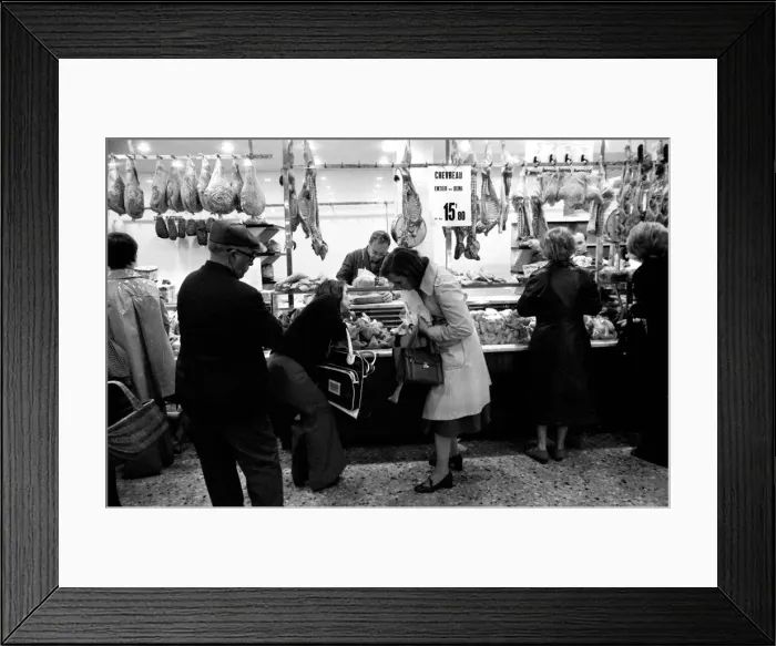 Framed Print : Local people queuing for meat at Boucherie Bernard'the largest butcher Framed Print : Local people queuing for meat at Boucherie Bernard'the largest butcher