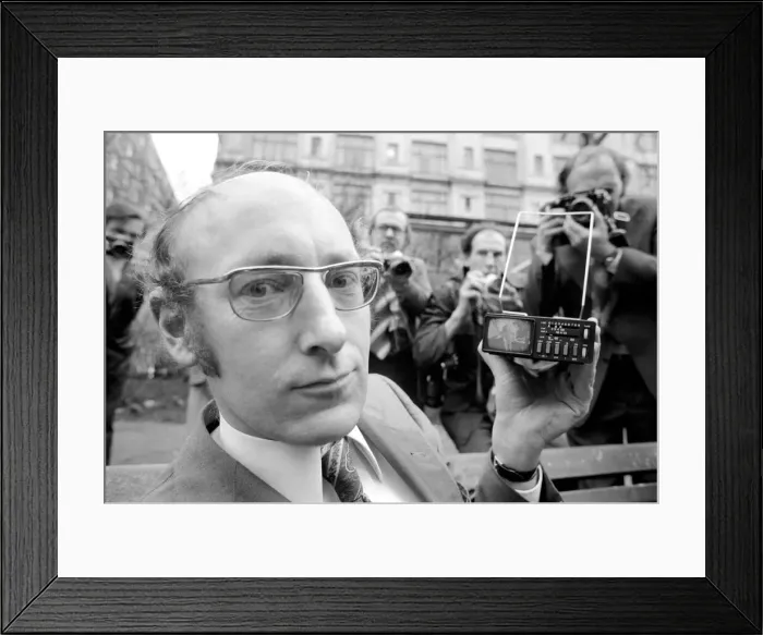 Framed Print : Worlds 1st pocket TV. : Sinclair Radionics. Managing Director of Sinclair Radionics, Mr Framed Print : Worlds 1st pocket TV. : Sinclair Radionics. Managing Director of Sinclair Radionics, Mr
