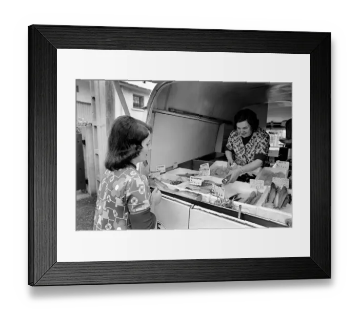 Framed Print : French housewife Mrs. Maria Quaranta buying food stuff from the delivery car Framed Print : French housewife Mrs. Maria Quaranta buying food stuff from the delivery car