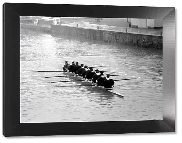 Cambridge University boat crew in training on river Ouse. March 1975 75-01385-003