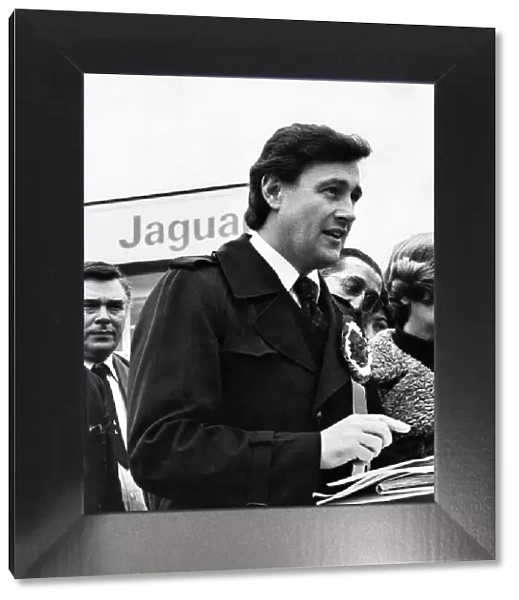 Geoffrey Robinson Labour MP seen here speaking outside the gates of the Jaguar car plant