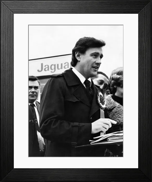 Framed Print : Geoffrey Robinson Labour MP seen here speaking outside the gates of the Jaguar car plant Framed Print : Geoffrey Robinson Labour MP seen here speaking outside the gates of the Jaguar car plant