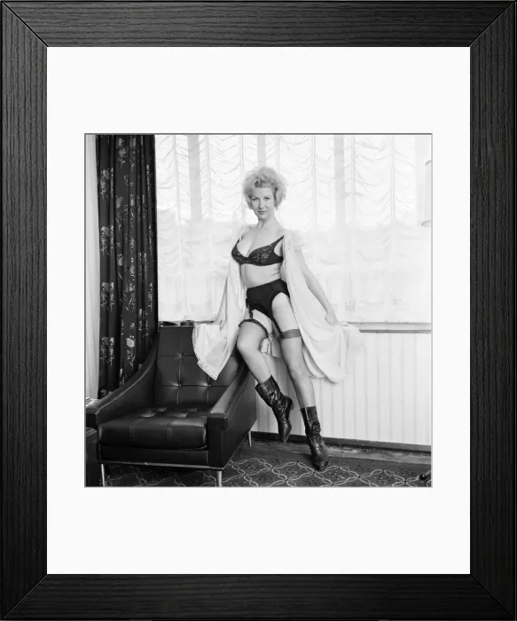 Framed Print : Clothing: Fashion: Underwear: Caron Gardner modelling bra, knickers and suspenders