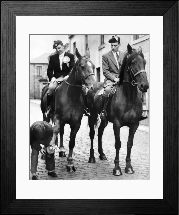 Framed Print : Men in costume riding on horseback during a commemoration of the Battle of Flodden field