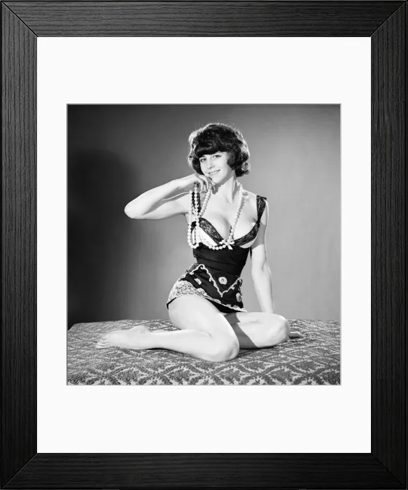 Framed Print : Barbara Broomfield modelling string of beads. 1965 Framed Print : Barbara Broomfield modelling string of beads. 1965