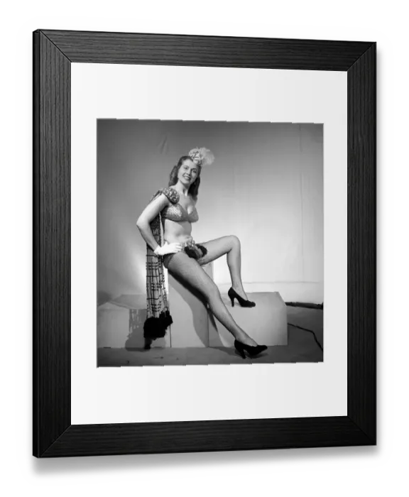 Framed Print : Showgirl wearing bikini with tartan sash fancy dress for hogmanay. 1959 Framed Print : Showgirl wearing bikini with tartan sash fancy dress for hogmanay. 1959
