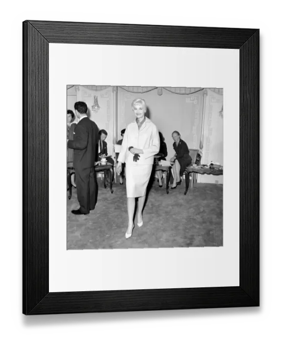 Framed Print : Clothing: Fashion: Leather. Woman modelling leather coats at fashion show
