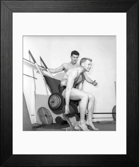Framed Print : Mens Health: Body builder Larry Stevens seen here with his training coach exercising Framed Print : Mens Health: Body builder Larry Stevens seen here with his training coach exercising