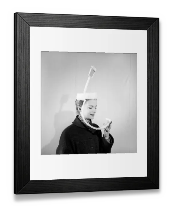 Framed Print : Clothing: Fashion: Hats. Woman wearing periscope hat. 1953 B140-002 Framed Print : Clothing: Fashion: Hats. Woman wearing periscope hat. 1953 B140-002