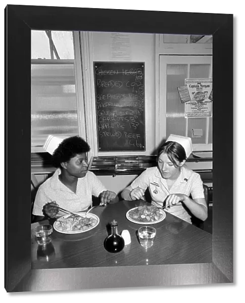 Nurses Nicola Reive (21) and Dawn Hamer (22) eating lunch in the Canteen at The Prince of