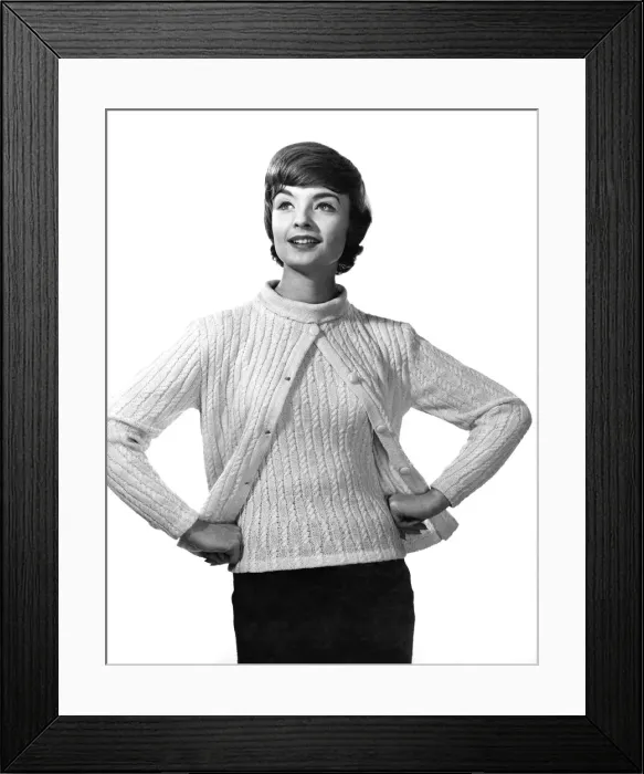 Framed Print : Reveille Fashions: Cable set. Cardigan over matching jumper. February 1961 P006859