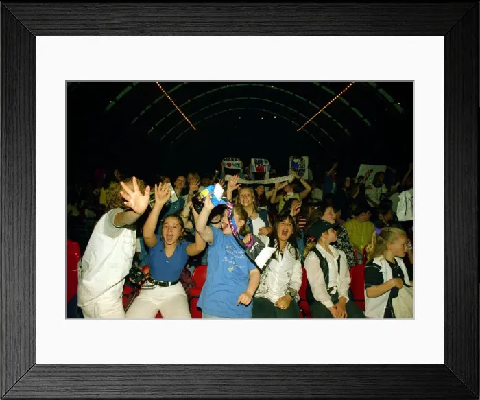 Framed Print : Young Take That fans wait for the group to appear on stage at their concert in manchester Framed Print : Young Take That fans wait for the group to appear on stage at their concert in manchester