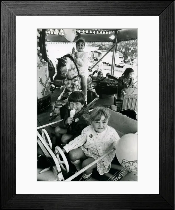 Framed Print : Helen Graham (rear), David Goodwin and Fiona Graham on one of the rides at the Tyneside Framed Print : Helen Graham (rear), David Goodwin and Fiona Graham on one of the rides at the Tyneside
