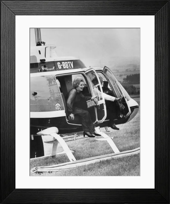 Framed Print : Margaret Thatcher hops out of the helicopter at Blagdon Hall