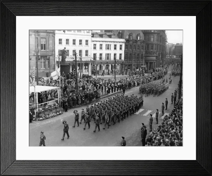Framed Print : A march past of the 1st Battalion, the Royal Northumberland Fusiliers after they returned Framed Print : A march past of the 1st Battalion, the Royal Northumberland Fusiliers after they returned