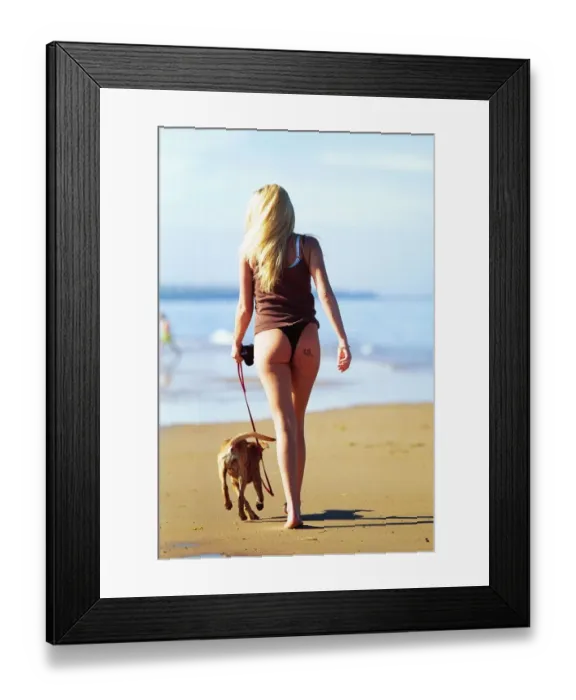 Framed Print : A young girl walk her dog in the sunshine on the beach at Whitley Bay Framed Print : A young girl walk her dog in the sunshine on the beach at Whitley Bay