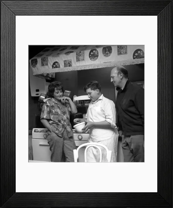 Framed Print : Fanny Cradocks Kitchen Right Johnny Cradock with pupil cook John Harper seen Framed Print : Fanny Cradocks Kitchen Right Johnny Cradock with pupil cook John Harper seen